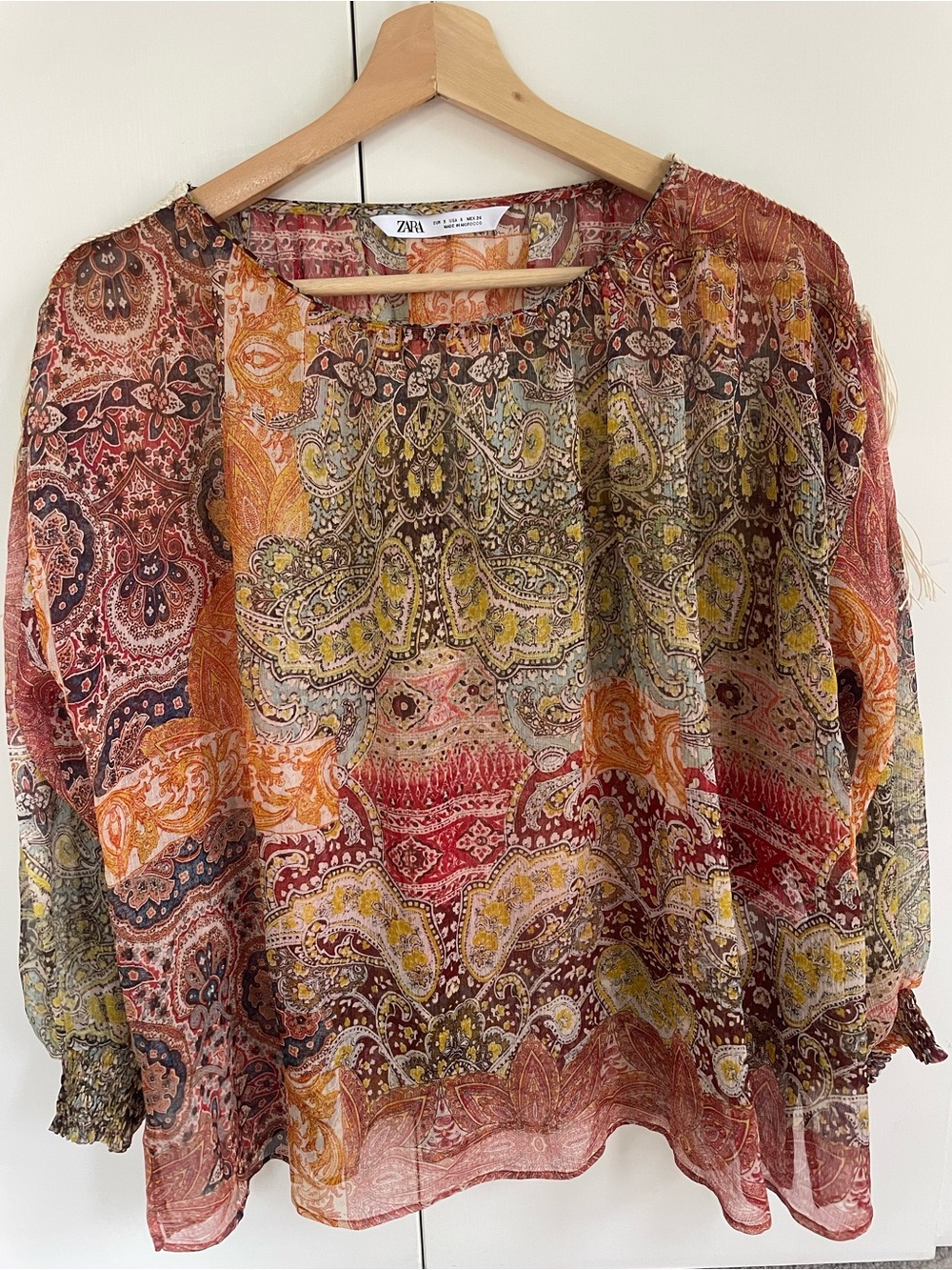 Zara Multicolor Paisley Boho Blouse with Tassel Shoulder Details